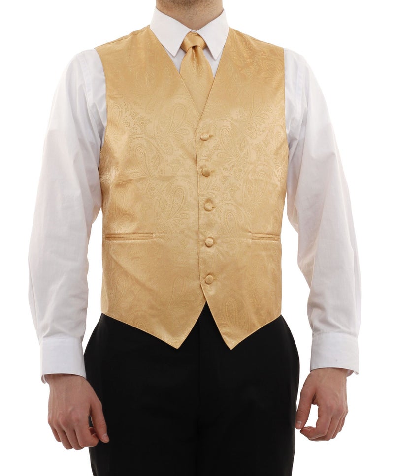 Vesuvio Napoli Men's Paisley Design Dress Vest & NeckTie GOLD Color Neck Tie Set sz L - Image 1
